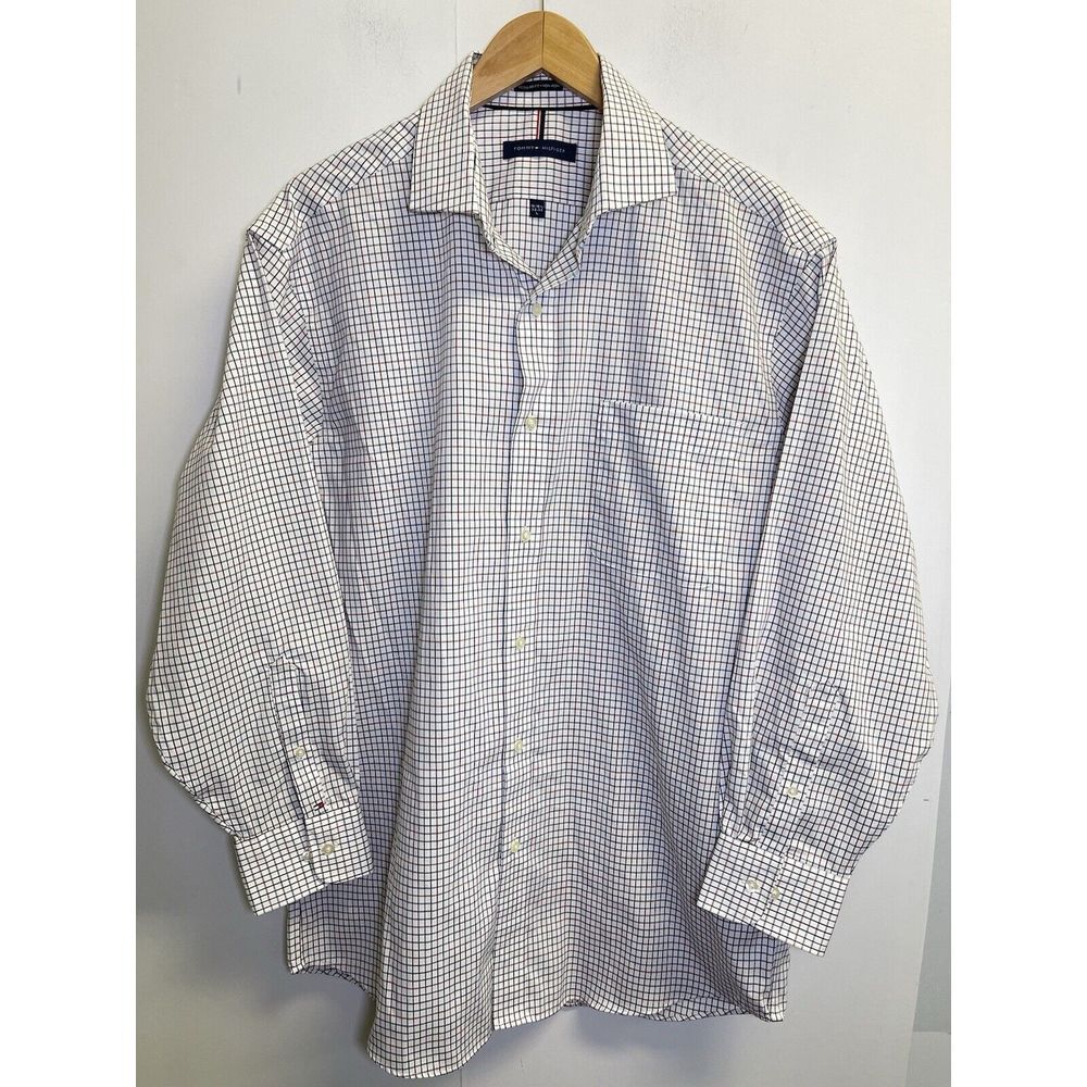 Tommy Hilfiger Mens L 16 32/33 White Check Button Down Shirt Long‎ Sleeve Logo